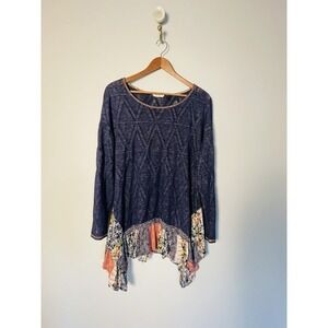Oddy Oddi Open Knit Blue Summer Tunic Sweater. Size Large/XL. Patchwork Detail.